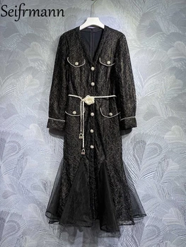 Seifrmann Висококачествено лятно дамско модно дизайнерско рокля миди с дълъг ръкав-фенерче, расшитый мъниста колан, джоб, елегантни рокли
