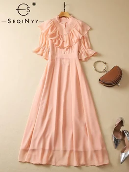SEQINYY розово, оранжево рокля лято пролет нова мода дизайн жени писта с къс ръкав нагънат накъдрен midi casual