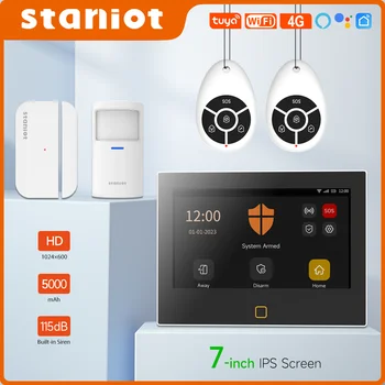 Staniot 7-инчов безжичен комплект за защита от взлом WiFi 4G Sasha интелигентна домашна алармена Вградена сирена с датчик за 5-годишен срок на експлоатация на врати, прозорци