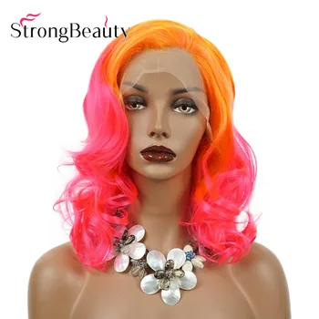 StrongBeauty, синтетични перуки на дантели, оранжевото омбре, розово, безплатно, вълнообразни, 14 инча, естествена перука за cosplay