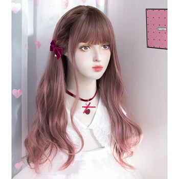 VICWIG Женски синтетични перука за cosplay, с бретон, розово, дълги, вълнообразни, подходящ за момичета, перука за ежедневна употреба
