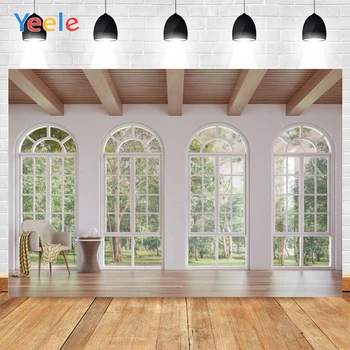 Yeele Закрит стол Прозорците на белия дом, Ферма Дървета Слънчев фон Фотофон снимки, фонове за декор Индивидуален размер