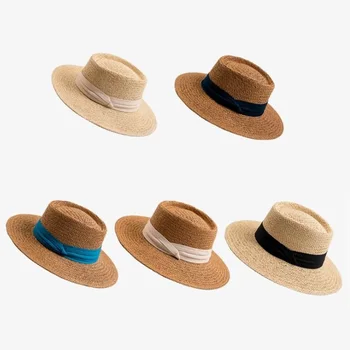 YIPAN005 Лятна дамска сламена шапка, нова цветна сламена шапка с панделка, каубойски шапки с плоска периферия, Панама, слънчеви шапки