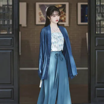 Yourqipao Лято 3 бр./пакет Синя Жилетка Тениски, Панталони, Комплекти Han Elements Ежедневното Ретро Мода Китайски Стил Hanfu Рокля за Жените