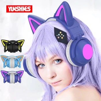 YUNSHINES Bluetooth 5,0 слушалки Безжични слушалки с HD микрофон кошачьими уши Сладко led мига лампата за подарък на едно момиче