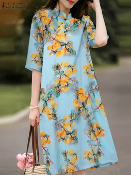 ZANZEA Случайни дълга рокля с висока яка, женски реколтата, рокли, рокля Чонсам в китайски стил с флорални принтом, ретро Свободно рокля midi