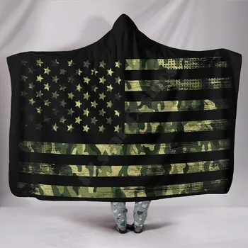 Армейское зелено камуфляжное носимое одеяло с 3D принтом американски флаг за деца и възрастни, различни видове одеала с качулка, флисовое одеяло 01
