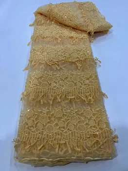Африканска лейси плат 2023 Висококачествена френска лейси плат със златни пайети нигерийски дантелени платове за булчински на шиене