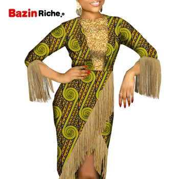 Африканска облекла за жени, мозайка приталенное рокля миди с ресни, златен пискюл, монтиране лъскав костюм за парти в Анкара, вечерен тоалет WY2894
