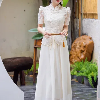 Благородна нова мода лейси блуза в китайски стил с бродерия топ с висока деколте + елегантна женствена рокля, комплект от две части, S-XXL