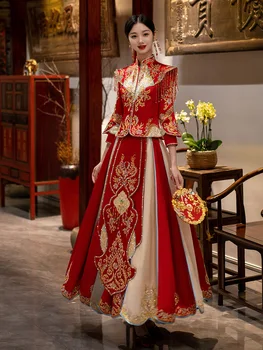Булката Червен Кристал Четката Чонсам Китайски Стил Пайети Във Бродерия Сватбена Рокля За Наздравици китайски дрехи