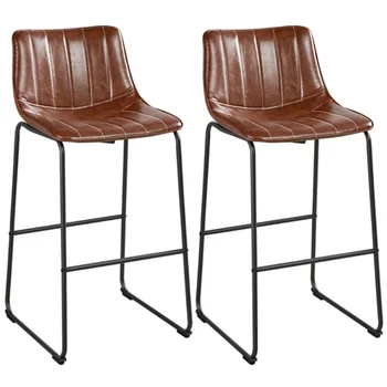 Висок бар стол от изкуствена кожа с облегалка, комплект от 2 кафяви продуктова столове, комплект от 2 продуктова столове