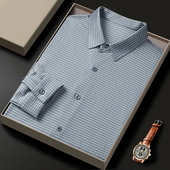 Висококачествена марка мъжка риза с дълги ръкави, пролет-есен нова бизнес ежедневни модерна риза в карирани и шарени, облекло против бръчки