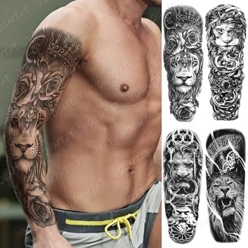Водоустойчив временни етикети с татуировка на ръкава голям размер на Лъв, тигър, crown, часовници, роза, флаш татуировки, мъжко боди-арт, фалшиви татуировки, женски