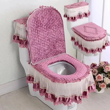 Възглавница за седалката на тоалетната чиния, комплект от 3 теми, универсален антибактериален калъф за седалка, подвижна и моющаяся кърпа за капак на резервоара за вода с цип