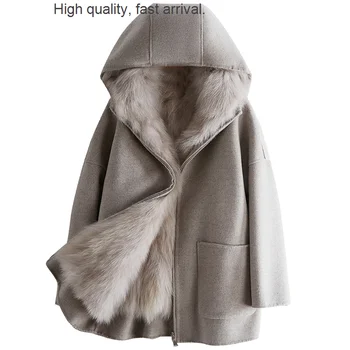Вълнена обръща нова вълна палто, дамски яке-парка с подвижна подплата от лисьего кожа в корейски стил с качулка