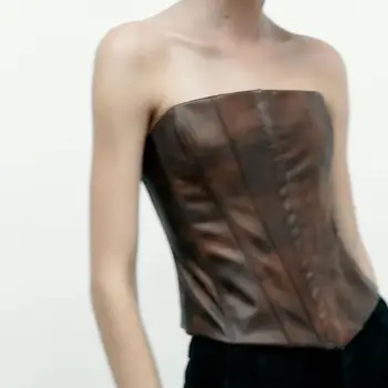 Годишен женски кафяв топ от изкуствена кожа с аромат, секси дизайн без презрамки, модерен стил на улицата