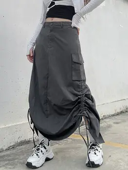 Гръндж-пънк Регулируеми поли с завязками, дамски мешковатая дълга пола с джобове и висока талия, Y2K, естетически готически поли, дамски летни есента
