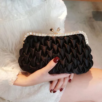 Дамска елегантна чанта сатен-клатч, вечерни чанти, новост 2023, дамски черна обвивка, луксозна сватбена парти, диаманти, малка мека чанта, B365