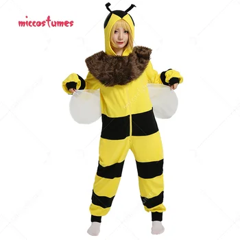 Дамска пижама с шарките на пчелите за Хелоуин, екипировки Кигуруми, едно парче костюм за cosplay, с крила и с подвижна яка