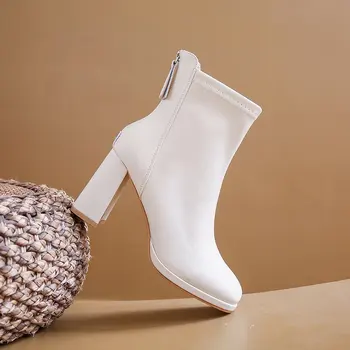Дамски ботуши нови обувки 2023 цип на глезените фатални дами висок ток гумени Лолита есен квадратен чорап Рим плат плътен основната ПУ копита