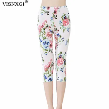 Дамски гамаши VISNXGI, имитация на дънки с принтом, стегнати, с високо еластична талия, до средата на прасците, повдигащ, летни спортни панталони-молив