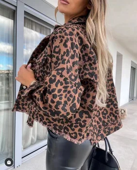 Дамски дънкови яке, ново есента 2023, деним яке с леопардовым принтом, женски тънки палта с дълъг ръкав