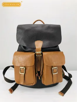 Дамски ежедневни пътна чанта-голям капацитет, платно раница от телешка кожа в стил мозайка, раница от естествена кожа, ръчен чанта за момичета, училищен чанта