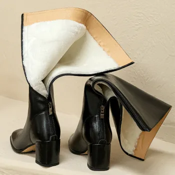 Дамски зимни обувки от естествена кожа с цип отзад в студено време, елегантни дамски ботуши до коляното на висок ток, дебелина 6,5 см, с кръгло бомбе