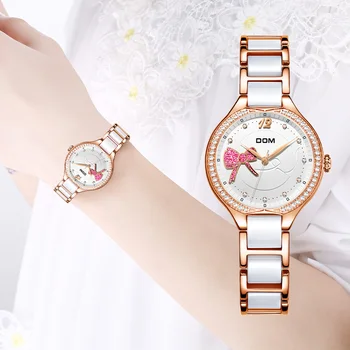Дамски кварцов часовник DOM Топ от елита на марката, гривна, керамика каишка, рокля, женевские кварцови часовници, лък от розово злато, луксозни дамски часовник