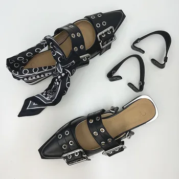 Дамски кожени сандали със затворени пръсти във френски стил, обувки Mary Jane в масивна ток с остър пръсти, големи размери