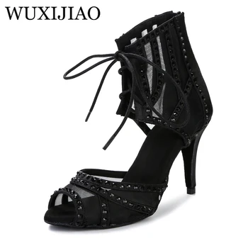 Дамски официални танцови обувки, черни, блестящи обувки с кристали подметка, обувки за латино танци, черни обувки за салса, ток 9 см
