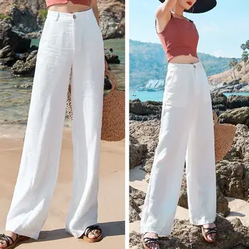 Дамски панталони, летни памучни широки ленени панталони пълна дължина, всеки ден обикновена бяла преки свободни панталони с висока талия, женски Q690