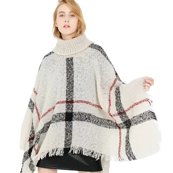 Дамски пролетно-есенен шал, женски вязаный пуловер в клетката, дъждобран, свободен пуловер с висока воротом, есенно-зимно пончо на едро FPWP02