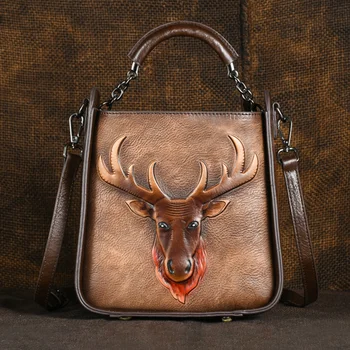Дамски чанти-незабавни посланици от естествена кожа на рамото с изображение на елен, реколта чанта-тоут, чанта през рамо с капак от естествена телешка кожа, чанта от горната дръжка