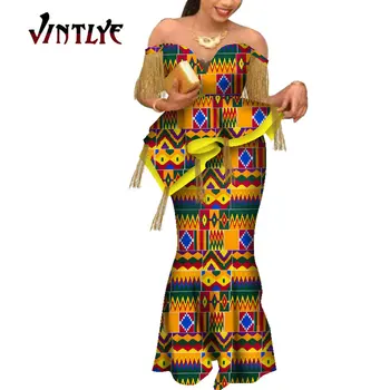 Дашики Африка Базен Riche Драпирани Блузи и Комплекти от Прагове за Жени Офис Vestidos Африкански Комплекти Прагове от 2 теми Облекло WY6921