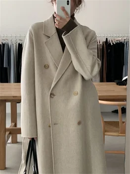 Двубортное вълна палто за жени 2023, модерни офис дамско зимно палто с дълъг ръкав, ежедневното дълго палто с отложным яка