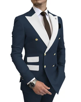 Двубортный тъмно синьо яке + панталон мъжки костюми оборудвана смокинг младоженеца на Сватбен костюм Homme мъжки костюм сако Terno Masculino