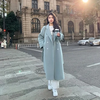 Двустранно вълна палто дамско 2023 Пролет-есен, нова корейска свободна универсална яке, женски двубортный дълъг топ, връхни дрехи
