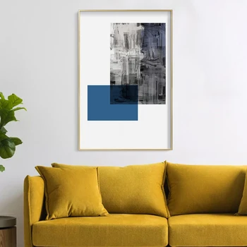 Декоративна живопис в черно-бяла ивица, Модерен минималистичен абстрактен плакат, Синя геометрична мозайка върху платно