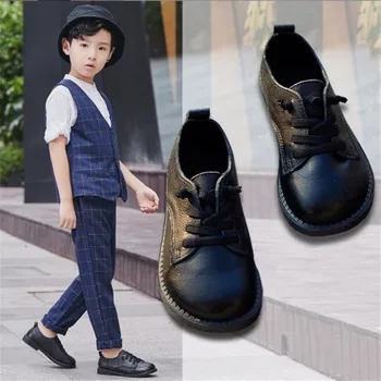 Детски дизайнерски лоферы от естествена кожа, черна детски ежедневни обувки, дрехи за момчета на равна подметка с шнур