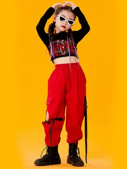 Детски облекла в стил хип-хоп, съвременен джаз денс костюм за момичета, съкратен блузи с дълги ръкави, са червени панталони-карго, градинска облекло, екипировки за концерт на сцената