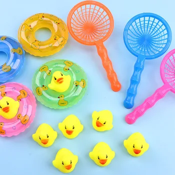 Детски плаващи играчки за баня, мини-пръстени за плуване, жълти гумени патици, риболовна мрежа, почистващи играчки за деца, водни забавления
