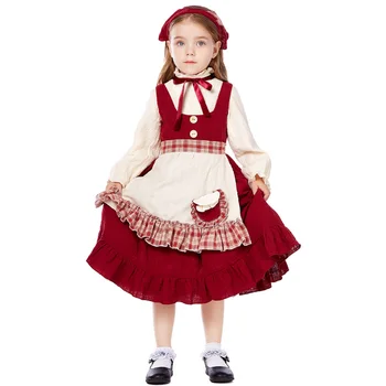 Детски ретро костюм за момичета от викториански прерията, рокля с пасторальной ферма, сценична фантазия за Хелоуин, cosplay, червен клетчатая покритие