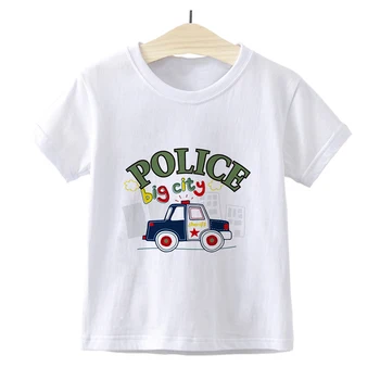 Детски тениски с полицейска анимационен машина, модни детски дрехи в стил на Kawai, основни блузи с къс ръкав, градинска дрехи, ежедневни летни тениски за момчета