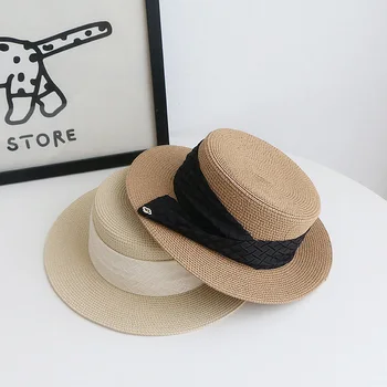 Дизайнерска марка сламена шапка с плосък покрив, лятна солнцезащитная шапка, слънцезащитен крем, плажна шапка, клетчатая сламена дамска шапка от слънцето 모자 Безплатна доставка в горещите продажби