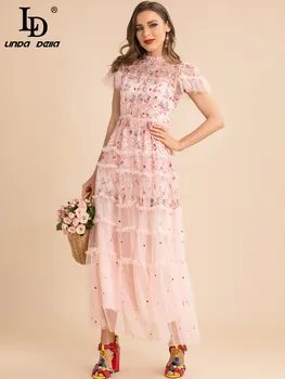 Дизайнерско лятото rose сетчатое рокля LD LINDA DELLA, женствена рокля с къс ръкав и цветна бродерия, модно дълга рокля за почивка и партита