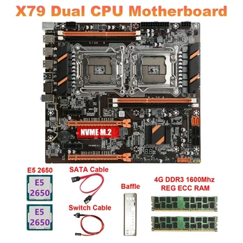 Дънна платка с два процесора X79 + процесор 2XE5 2650 + Оперативна памет 2X4 GB DDR3 1600 Mhz RECC + Кабел SATA + Кабел за превключване + Преграда LGA2011 M. 2 NVME