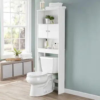 Дървен шкаф за съхранение в банята над тоалетна, бял, 23 инча, спестяващ място шкаф за баня с 3 фиксирани рафтове за съхранение в тоалетната