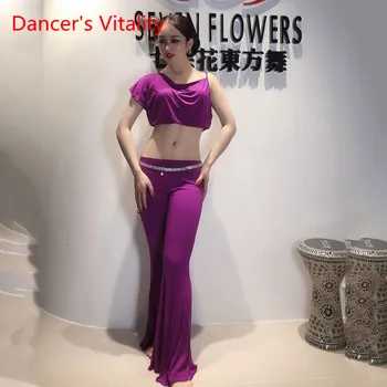 Евтини модален костюм от две части за танци, секси модальная пола за практикуване на ориенталски танци, лилаво комплект с къс ръкав